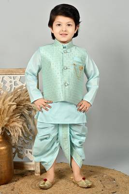 Boys floral brocade kurta dhoti with waistcoat set - aqua blue 1