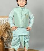 Boys floral brocade kurta dhoti with waistcoat set - aqua blue