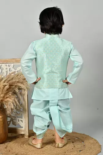 Boys floral brocade kurta dhoti with waistcoat set - aqua blue