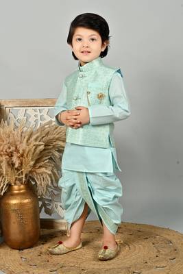 Boys floral brocade kurta dhoti with waistcoat set - aqua blue 3