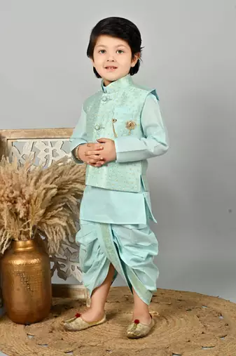 Boys floral brocade kurta dhoti with waistcoat set - aqua blue