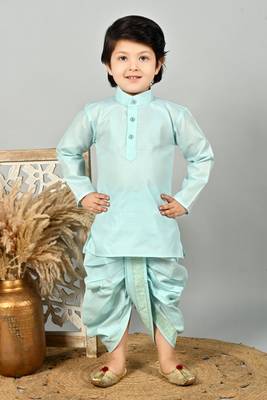 Boys floral brocade kurta dhoti with waistcoat set - aqua blue 4
