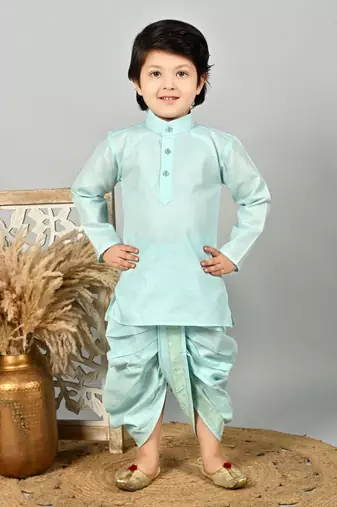 Boys floral brocade kurta dhoti with waistcoat set - aqua blue