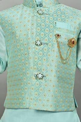 Boys floral brocade kurta dhoti with waistcoat set - aqua blue 5