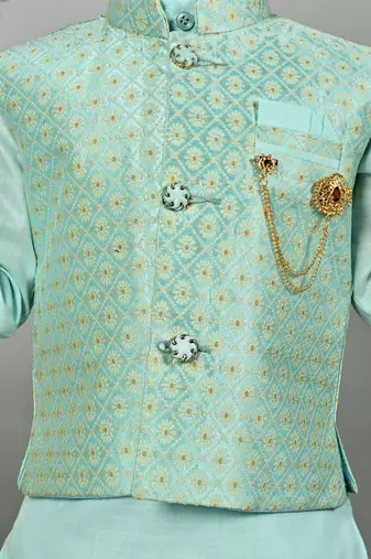 Boys floral brocade kurta dhoti with waistcoat set - aqua blue