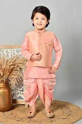 Boys floral brocade kurta dhoti with waistcoat set - rose pink 1