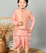 Boys floral brocade kurta dhoti with waistcoat set - rose pink
