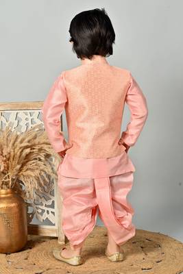 Boys floral brocade kurta dhoti with waistcoat set - rose pink 2