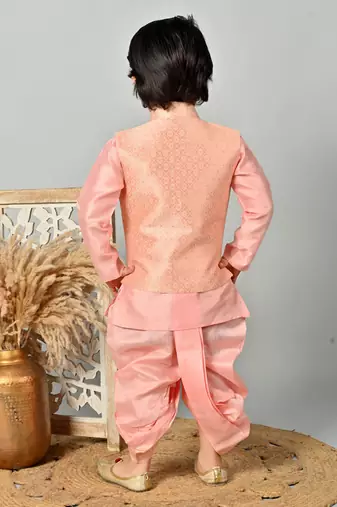 Boys floral brocade kurta dhoti with waistcoat set - rose pink