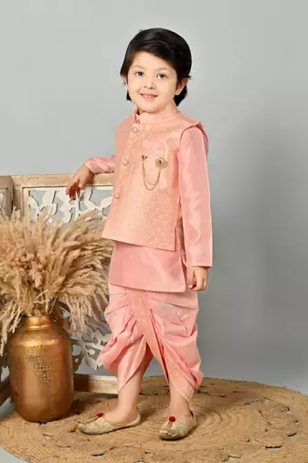 Boys floral brocade kurta dhoti with waistcoat set - rose pink
