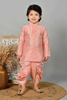 Boys floral brocade kurta dhoti with waistcoat set - rose pink 4