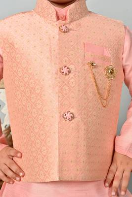 Boys floral brocade kurta dhoti with waistcoat set - rose pink 5