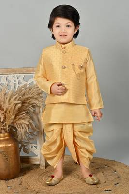 Boys floral brocade kurta dhoti with waistcoat set - golden 1