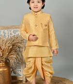 Boys floral brocade kurta dhoti with waistcoat set - golden