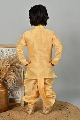 Boys floral brocade kurta dhoti with waistcoat set - golden 2