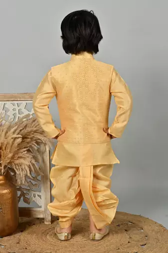 Boys floral brocade kurta dhoti with waistcoat set - golden