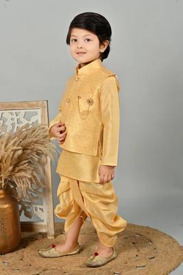 Boys floral brocade kurta dhoti with waistcoat set - golden 3