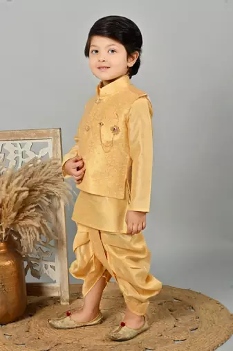 Boys floral brocade kurta dhoti with waistcoat set - golden