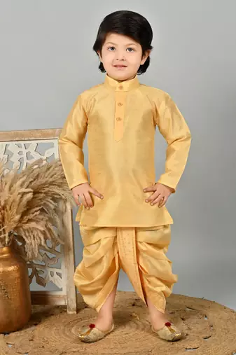 Boys floral brocade kurta dhoti with waistcoat set - golden