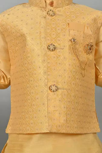 Boys floral brocade kurta dhoti with waistcoat set - golden