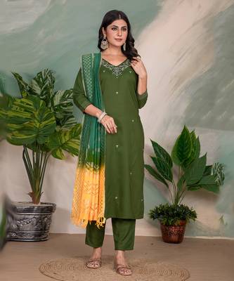 Green roman silk fabric embroidery work with printed festive special readymade suit 1