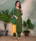 Green roman silk fabric embroidery work with printed festive special readymade suit