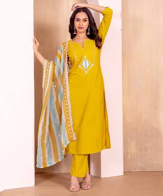 Yellow roman silk fabric embroidery work with printed festive special readymade suit 1
