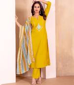 Yellow roman silk fabric embroidery work with printed festive special readymade suit