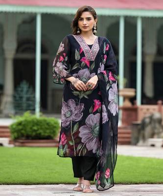 Black georgette fabric embroidery work with printed festive special readymade suit 1