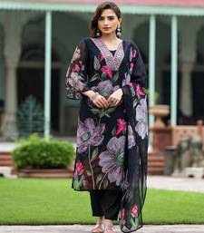 Black georgette fabric embroidery work with printed festive special readymade suit