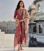 Pink cotton slub fabric embroidery work with printed festive special readymade suit