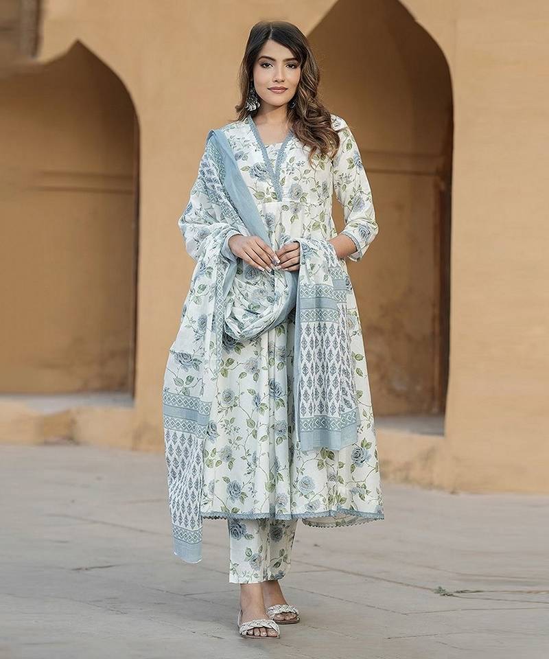 Blue cotton slub fabric designer printed festive special readymade suit