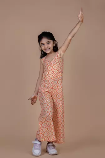 Orange lurex Cotton sleeveless jumpsuit for girls