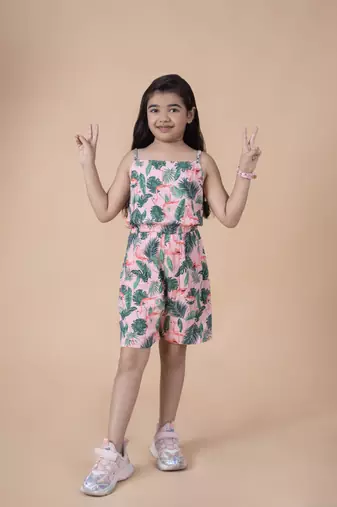 Pink holiday Cotton Sleeveless jumpsuit for girls