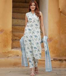 Blue cotton slub fabric printed festive special readymade suit