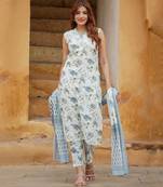 Blue cotton slub fabric designer printed festive special readymade suit