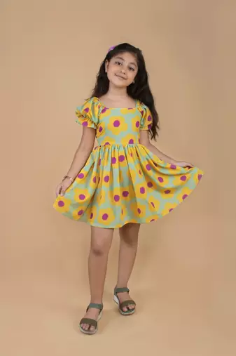 Yellow sunflower holiday Half sleeve frock for girls