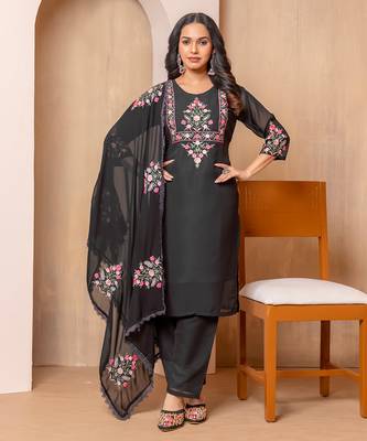 Black georgette fabric embroidery work festive special readymade suit 1