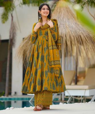 Mustard beautiful muslin fabric digital printed girlie ceremonial dress 1