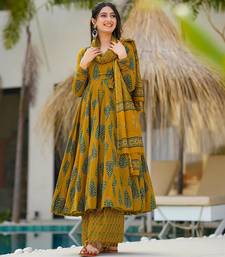 Mustard beautiful muslin fabric digital printed girlie ceremonial dress