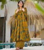 Mustard beautiful muslin fabric digital printed girlie ceremonial dress