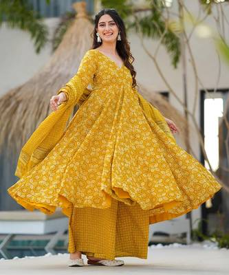 Yellow beautiful muslin fabric digital printed girlie ceremonial dress 1