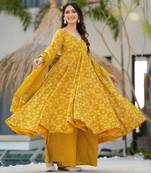 Yellow beautiful muslin fabric digital printed girlie ceremonial dress