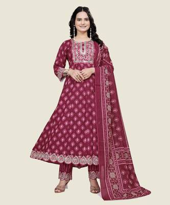 Burgundy rayon cotton fabric ethnic suit with designer printed with embroidery work 1