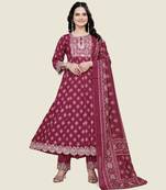 Burgundy rayon cotton fabric ethnic suit with designer printed with embroidery work
