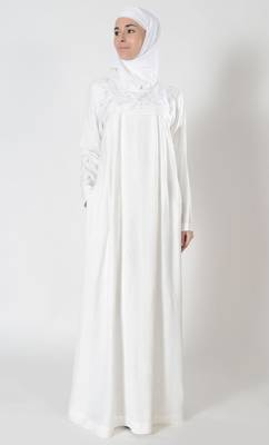 White rayon floral embroidered haj abaya dress 1