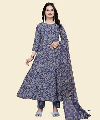 Blue rayon cotton fabric ethnic suit with printed 4