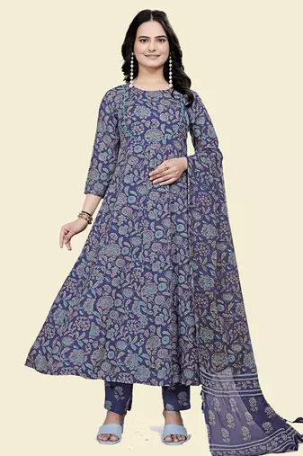 Blue rayon cotton fabric ethnic suit with printed