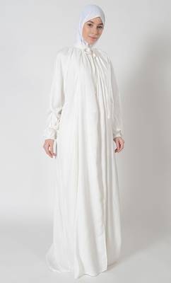 White necktie hajj umrah front open pleated abaya dress with lining 1