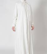 White necktie hajj umrah front open pleated abaya dress with lining